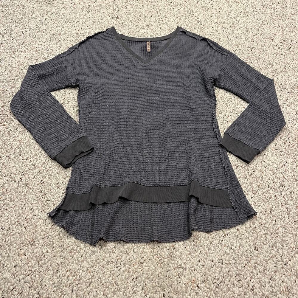 XCVI Waffle Knit Thermal V Neck Sweater S Grunge Casual Lightweight Long Sleeve